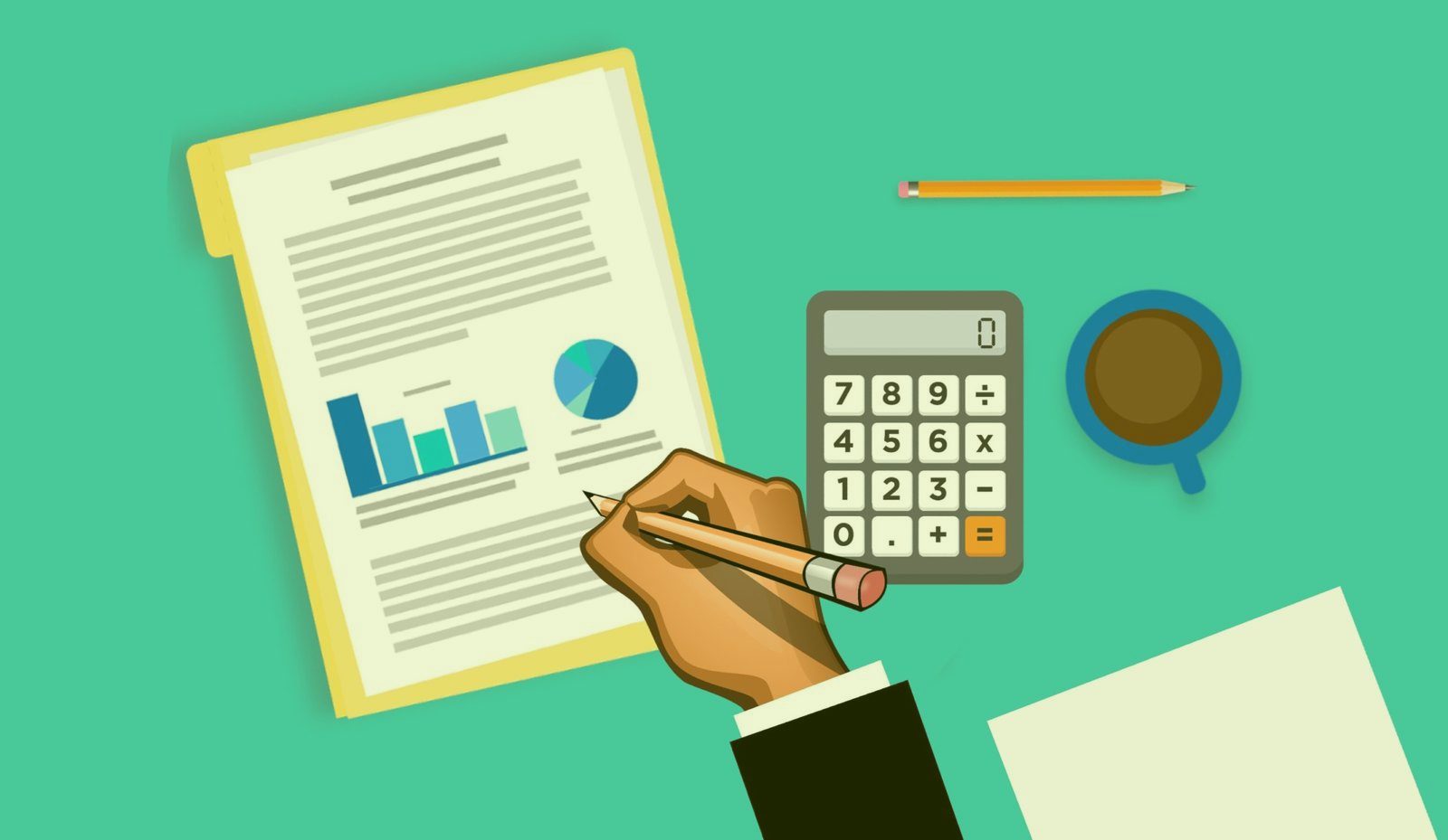 Illustration of financial reports, a calculator and a pie chart